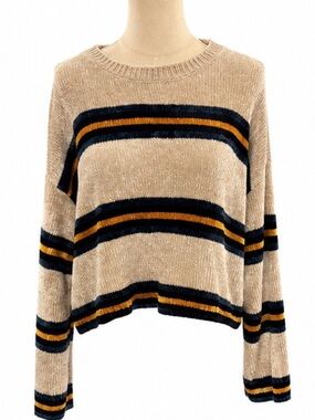 Volcom Chenille Striped Cropped Sweater Women’s Large Beige Navy Mustard